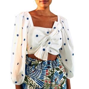 Farm Rio Blue Flowers Cropped Top in Off White.Size XS